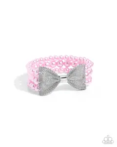 Dapper Dialogue - Pink Pearl Silver Mesh Bow Stretchy Bracelet - Paparazzi