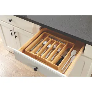 Bamboo-Silverware-Drawer-Organizer-Kitchen, Expandable Utensil Holder Cutlery Tray Flatware Organization Adjustable Wood Tableware Dividers Storage (with Removable Knife Block)