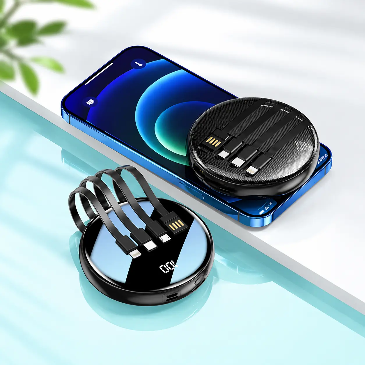 10000mAh Portable Power Bank with 4 Built-in Cables, LED Digital Battery Display, Compact Round Portable Charger with Lightning USB-C Micro USB Ports, Universal Phone Charger for iPhone Android Earbuds Smart Watches Travel Daily Use