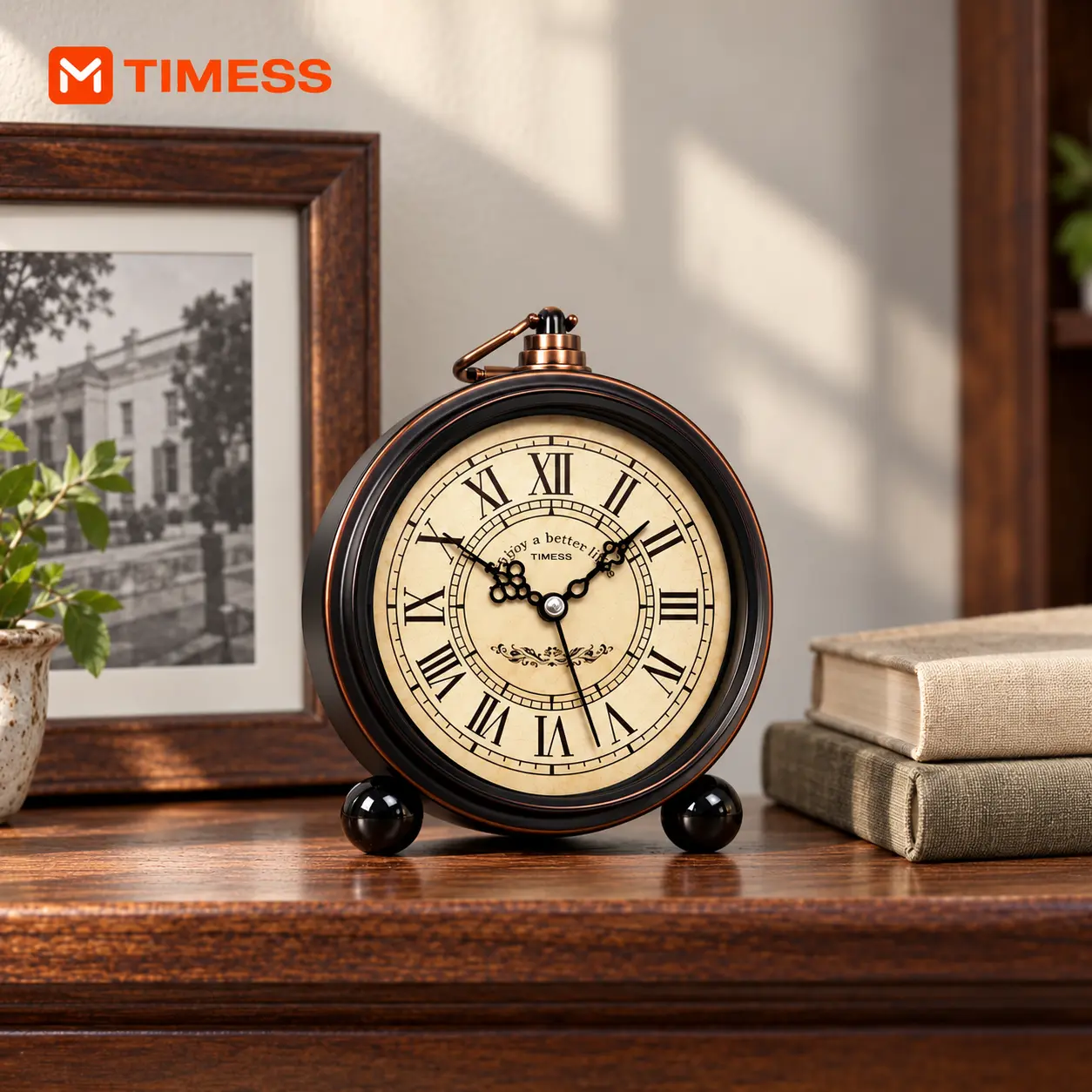 Timess Classic Vintage Silent Alarm Clock - Decorative Metal Round Frame, Large Roman Numeral Display, Wall Clock for Bedroom Home Decor & Holiday/Birthday Gift