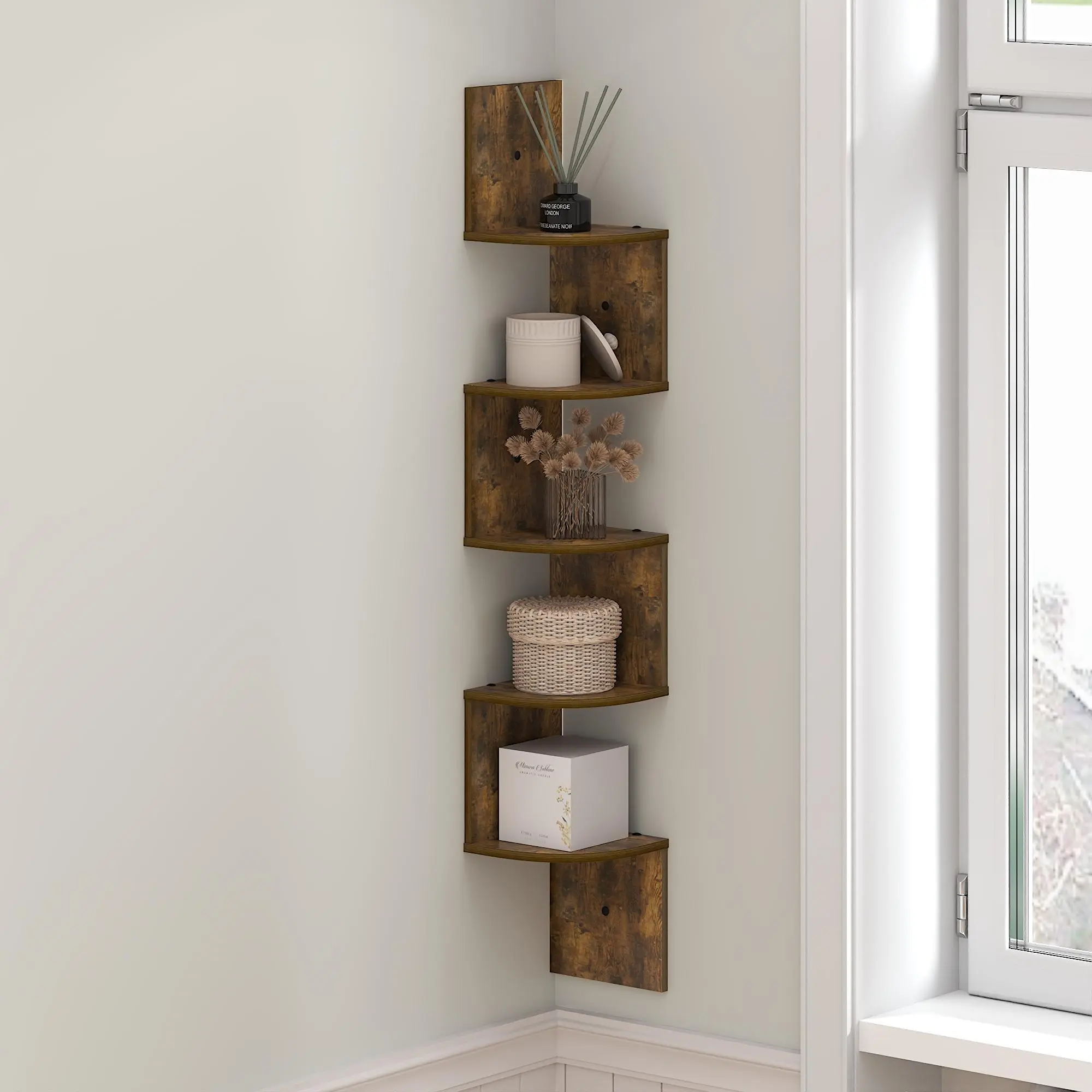 ROSSI Floating Book Shelves for Wall, 5-Tier Zigzag Corner Shelf Wall Mounted, Radial Corner Wall Shelf, for Living Room, Bedroom, Bathroom, Home Office, Amber Pine, Space-Saving Wall Storage and Home Decor for Small Spaces and Apartment Living