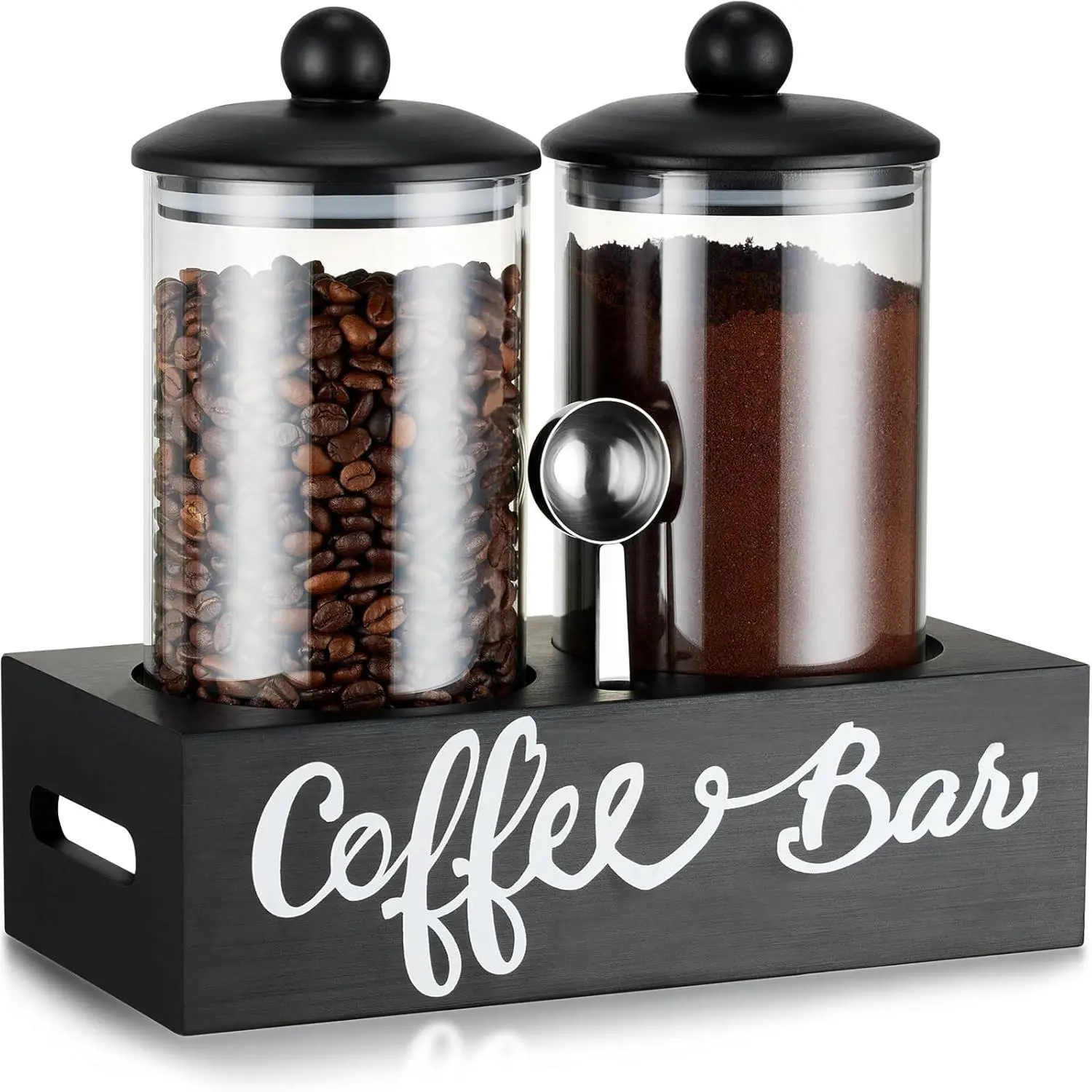 Glass Sugar Coffee Canister for Ground Coffee,2*55OZ Coffee Containers with Handle Shelf Coffee Bar Station Accessories Organizer Decor,Food Storage Jars with Iron Coffee Scoop for Kitchen, Birthday, Utensils