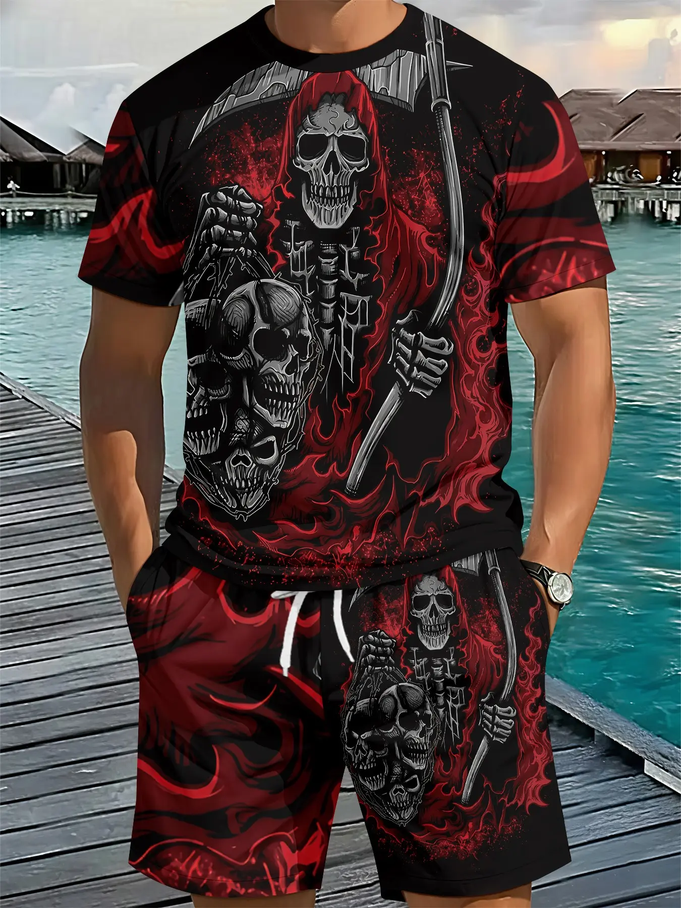 Men's 3D Digital Printed Two-Piece Set Round Neck Menswear with Cool Flame Skull Grim Reaper Print, Stylish Retro Casual Outfit, Trendy Vacation Wear, Breathable Sporty Casual Style, an Ideal Holiday Gift for Men