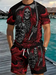 Men's 3D Digital Printed Two-Piece Set Menswear with Cool Flame Skull Grim Reaper Print, Stylish Retro Casual Outfit, Trendy Vacation Wear, Breathable Sporty Casual Style, an Ideal Holiday Gift for Men