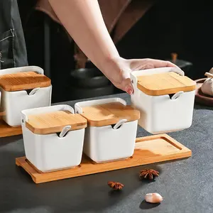 1 Pack Square Ceramic Spice Jar – Japanese Style Seasoning Container with Flip Lid, Korean Kitchen Salt Sugar Holder, Decorative Storage Pot for Cooking