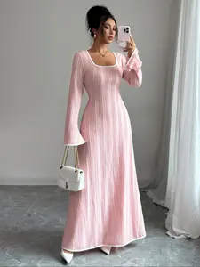 Fashion Elegant Square Neck Colorblock Flare Sleeve Long Dress, Fitted Style, Contrast Binding, Fall & Winter, Women's Clothing