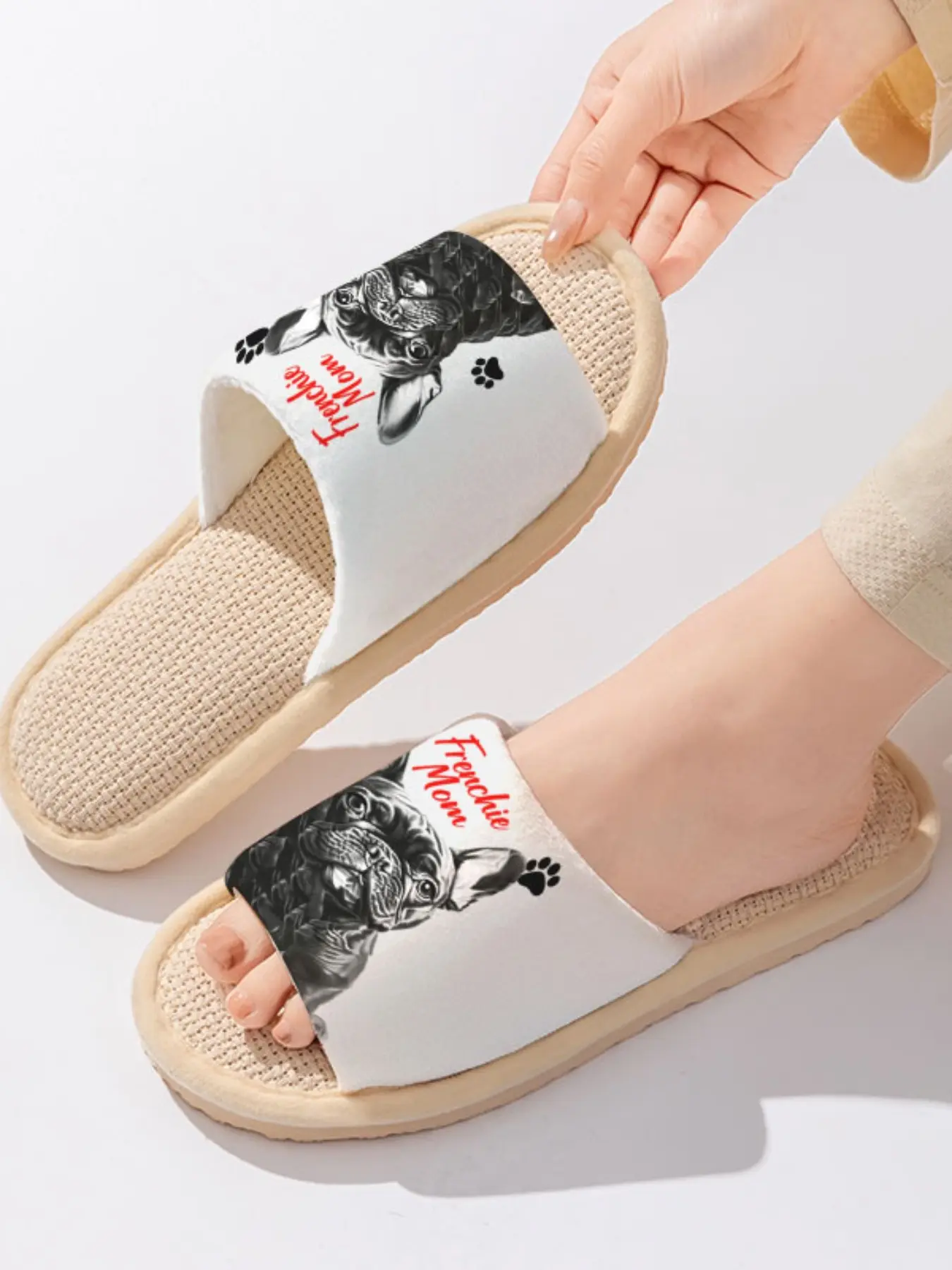 French Bulldog "Frenchie Mom" Slogan | Warm & Cute 1 Pair Linen Breathable Non-Slip Sweat-Absorbent Home Slippers For Frenchie Lovers/Dog Moms (Spring Summer/Lounging)