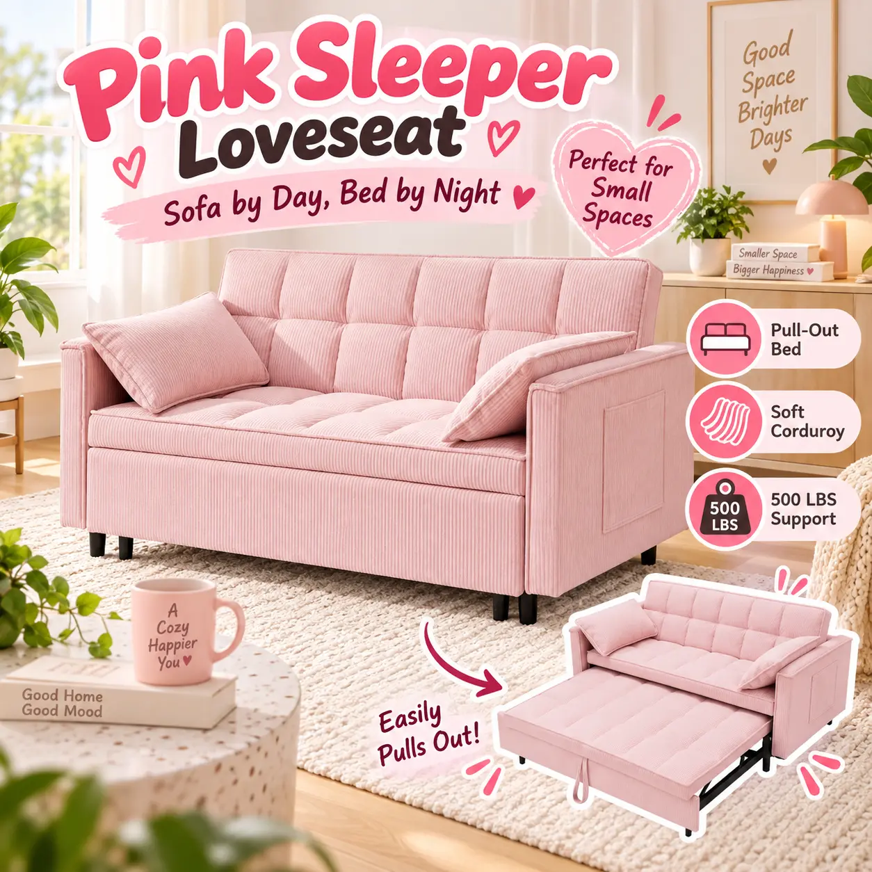 54.3" Corduroy Modular Sleeper Sofa, Loveseat Sofa Bed with Pull-Out Bed, Small Sectional Couch for Living Room, Apartment & Studio, Cozy Upholstered Couch