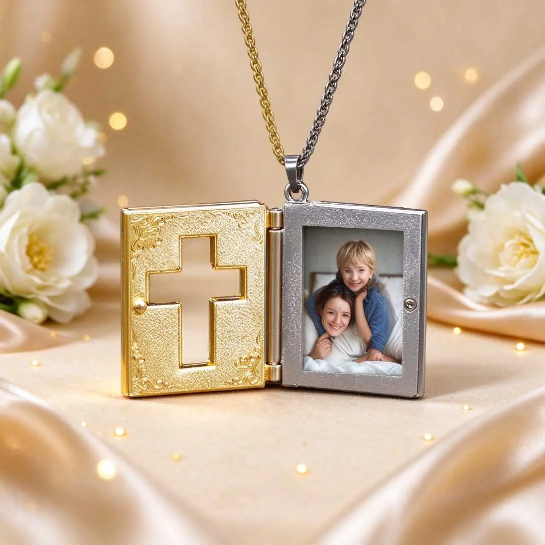 Christian Talking Cross Locket Necklace - 24" Gold-Plated Waterproof Openable Pendant with Metal Bible Pages, Photo-Insertable Religious Party Gift for Christmas, Anniversary