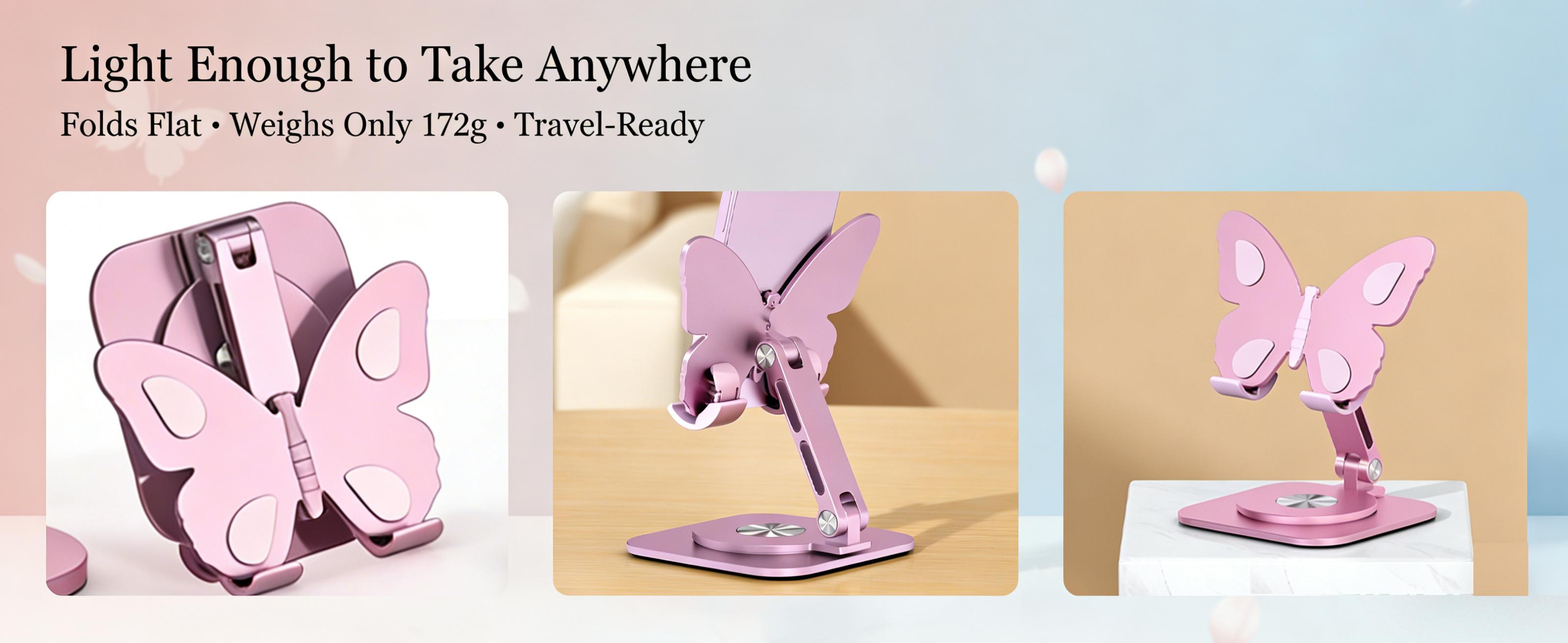 Butterfly-Shaped Aluminium Adjustable Holder, 360° Rotatable Foldable Multifunctional Phone Caddy with Height & Angle Adjustment, Anti-Slip Surface Universal Dock for Phones & Tablets, Portable Desktop Gadget for Dorm & Office Use Butterfly-Shaped Aluminium Adjustable Holder, 360° Rotatable Foldable Multifunctional Phone Caddy with Height & Angle Adjustment, Anti-Slip Surface Universal Dock for Phones & Tablets, Portable Desktop Gadget for Dorm & Office Use