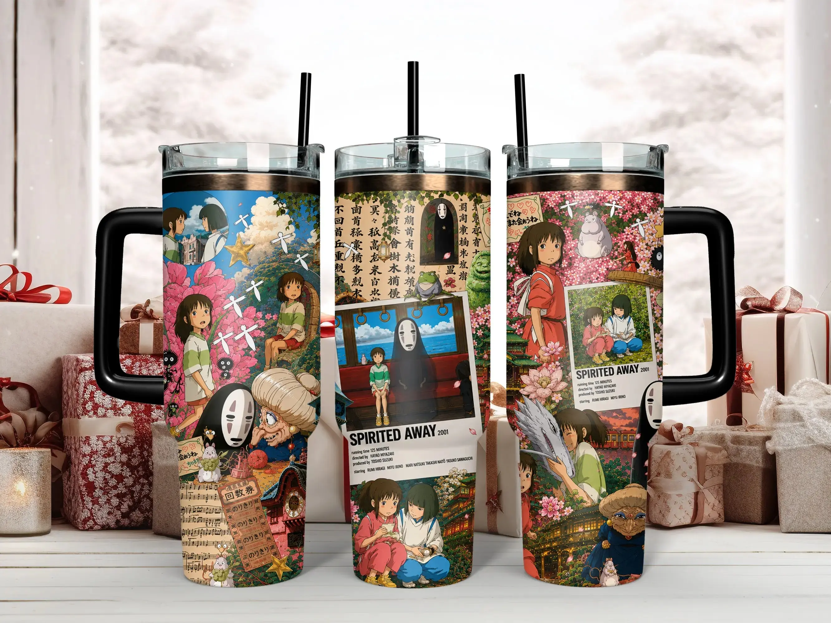40oz Insulated Stainless Steel Studio Ghibli Spirited Away Collectible Tumbler - Classic Novelty Drinkware with Handle & Lid, Straw - Chihiro, Haku, No-Face, Yubaba for Miyazaki Anime Fans (Travel/Workout)