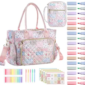 Large Bible Bag Quilted Bible Cover Case Kit for Women Church Bag with Shoulder Strap Study Supplies Carrying Case 6 Highlighters 5 Pens Tabs Journaling Kit Christian Gifts