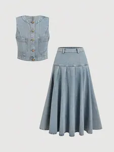 Women's Solid Color Button Front Sleeveless Top And Pleated Denim Skirt Casual Suit Denim Skirt Set 2 Pieces Denim Set Women Denim Outfit Women Two Pieces Skirt Set Women Vest And Skirt Set