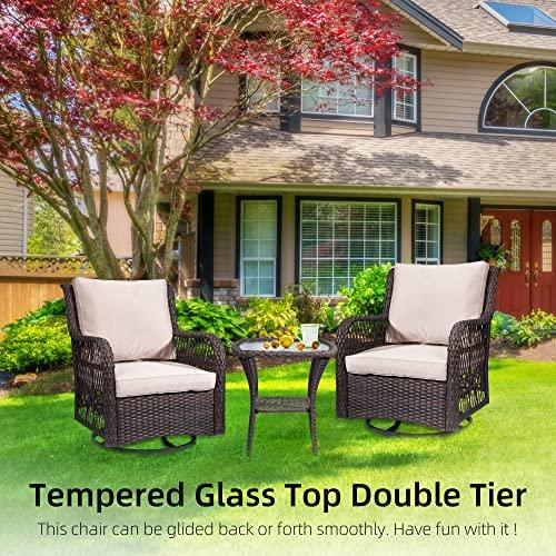 GARVEE 3 Pieces Rattan Swivel Rocking Chair Outdoor, Patio Bistro Conversation Furniture Set, Wicker Chair with Cushions and Table