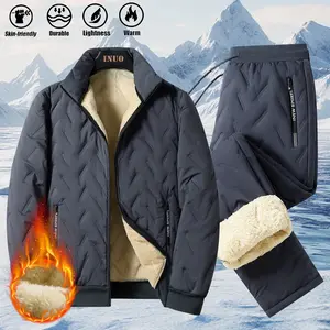 Men’s Two-Piece Casual Suit with Fleece Lining, Heavyweight Thickened Jacket and Pants for Winter Sports, Zip-Up Cardigan Jacket with Warm Lining, Unisex Leak-Proof Trousers, Elastic Waistband, Solid Color, Versatile for Home and Outdoor Use, Windproof Th