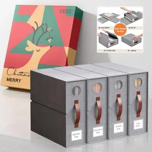 TRZZ Linen Sheet Storage Boxes 4 Pack - Grey Foldable Closet Organizers with Clear Window Magic Tape Labels for King Queen Bedding Blankets