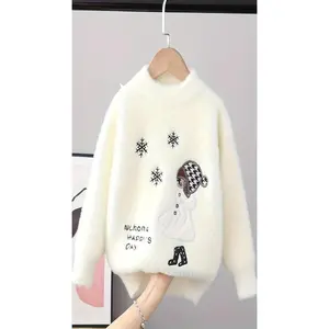 Girls' Polyester Faux Mink Knit Pullover, 2025 Autumn Winter Warm Sweater with Embroidered Cartoon Snowflake Design