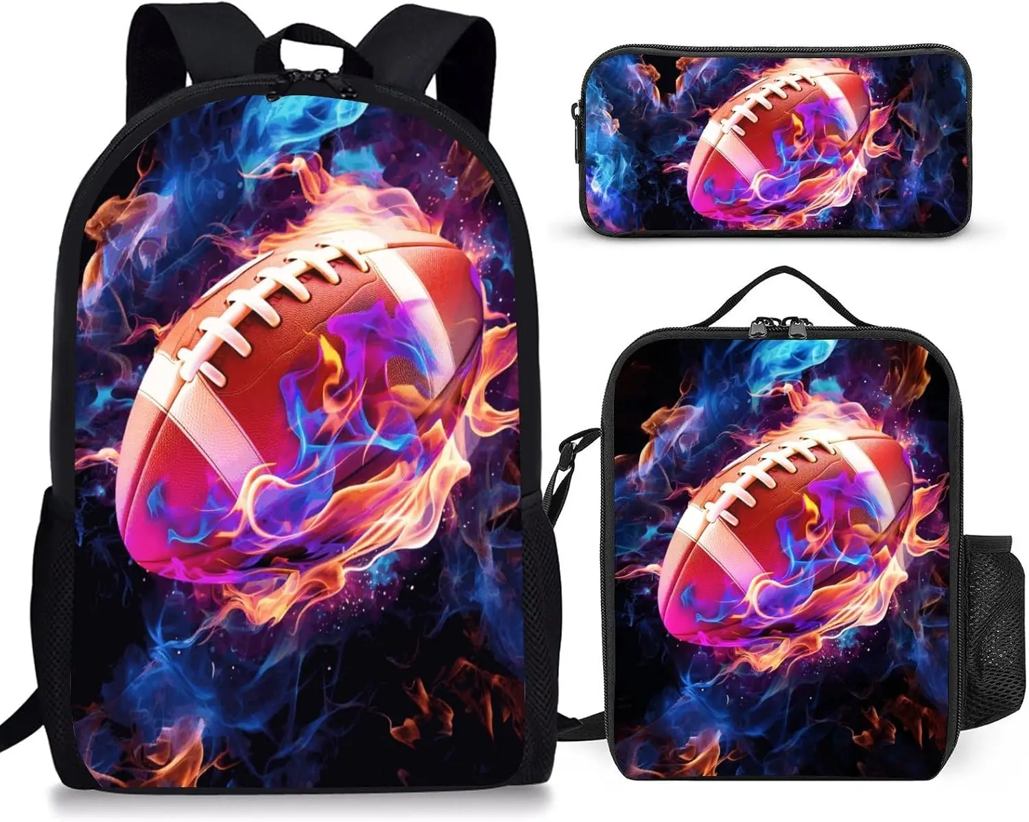 Football Backpack Set 17 Inch Casual Bags with Lunch Box, Daypack Bags and Pencil Case Set for Teens Men