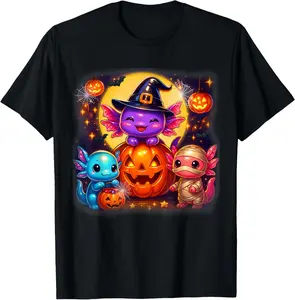 Cotton Cute Axolotl Jack O Lantern Halloween Costumes Girls T-Shirt Short Sleeve Crew Neck Top for Summer, Casual Streetwear, Halloween Gift Men's Comfy