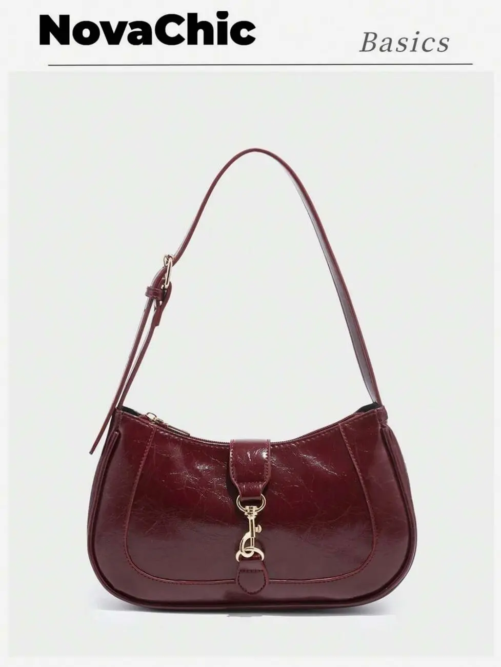 Vintage Crescent Shoulder Bag, Compact Faux Leather Handbag, Adjustable Strap Crossbody Purse for Daily Casual Outings, Burgundy