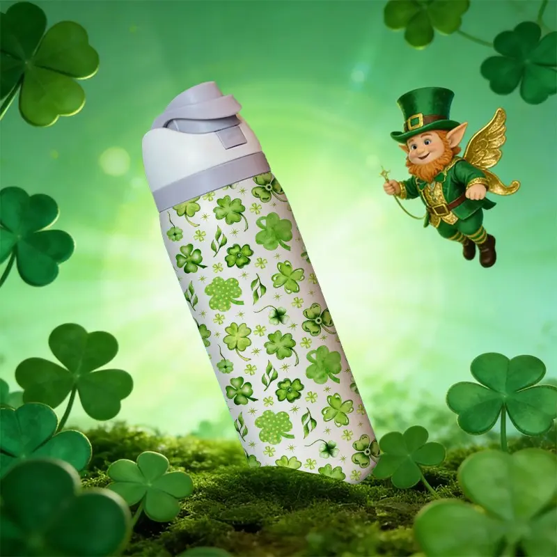 32oz Stainless Steel Insulated Water Bottle, Four-Leaf Clover Pattern, Lulu Water Bottle, St Patrick's Day Gift for Women, Portable Insulated Tumbler, Vacuum Insulated Tumbler