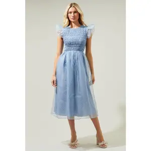 Lucille Organza Dot Smocked Midi Dress