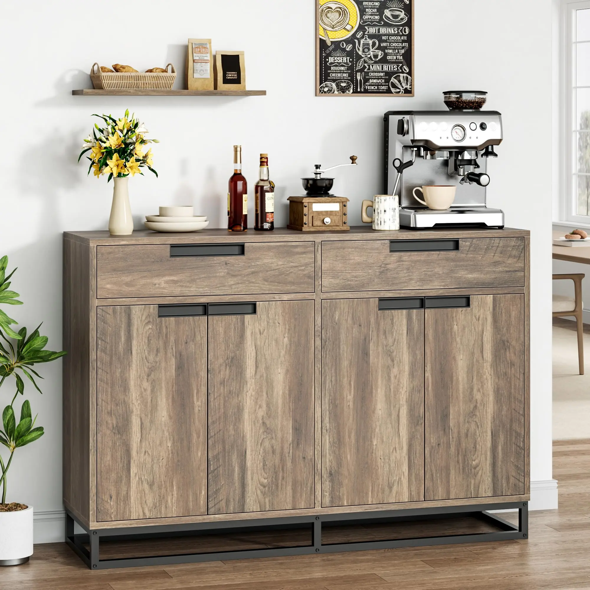 OUTGOODS Spacious Farmhouse Buffet Sideboard Cabinet - Modern Credenza Cabinet with 2 Drawers, 4 Doors, Sturdy Metal Frame, Versatile Dining Room Storage for Kitchen, Entryway, Farmhouse Buffet Cabinets
