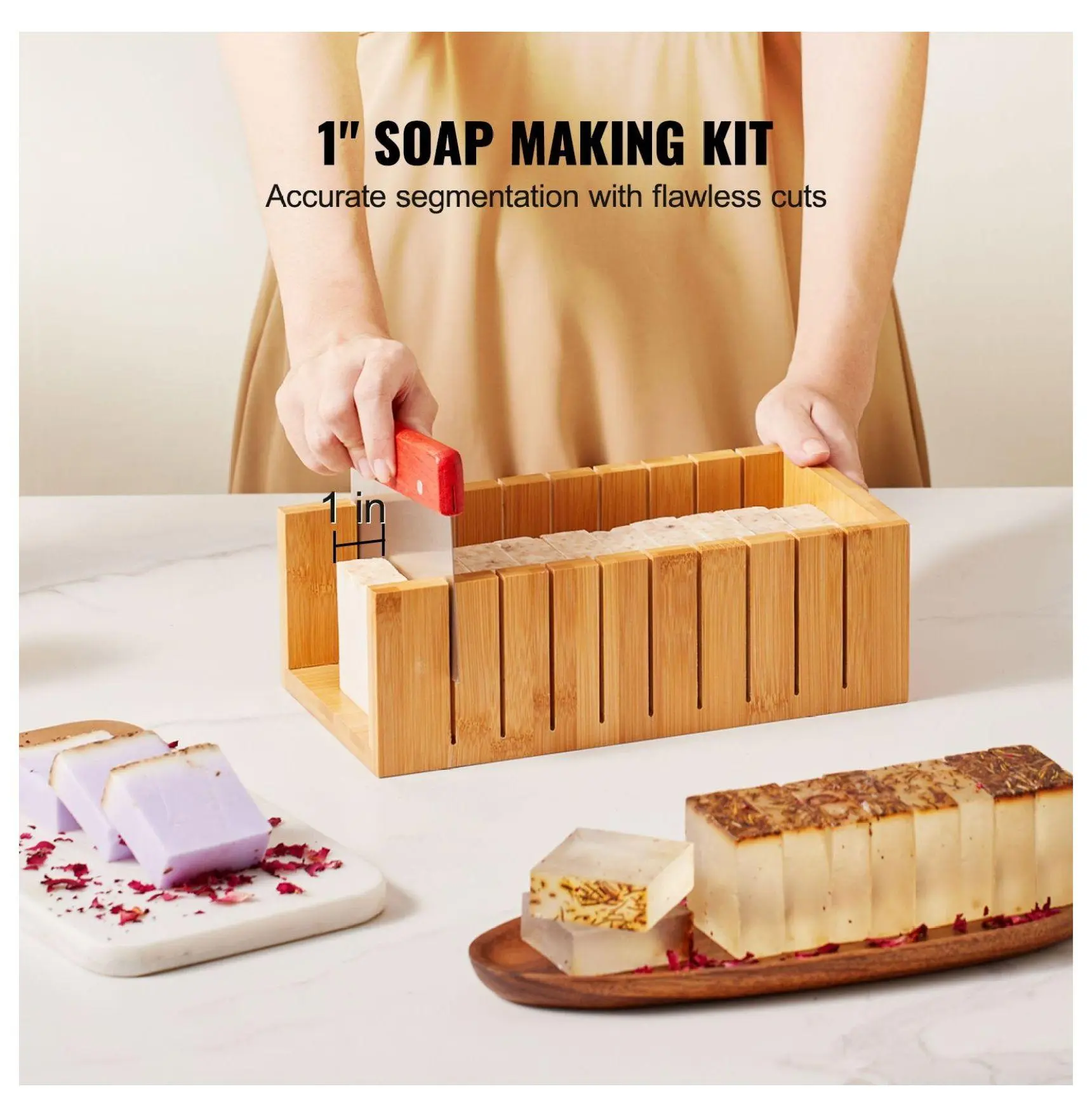 Soap Making Kit, Bamboo Soap Cutter with Mold, Stainless Steel Cutters, 100 Bags & 105 Stickers - DIY Soap Supplies for Adults, Uniform Soap Bars Mold/Cutting Knife/Cutting Box