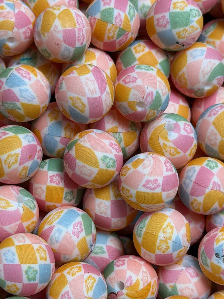 Pack of 25 15mm Print Hibiscus Checker EXCLUSIVE Silicone Bead, Flower Print Bead