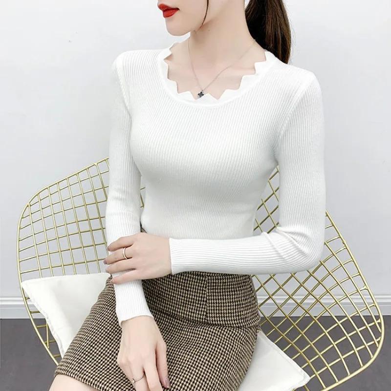 2025 Fashion Long Sleeve Elegant O-neck Women Sweater Autumn Solid Slim Knitted Tops Winter Casual Pullover Jumper Fit Clothes White Yarn Comfort
