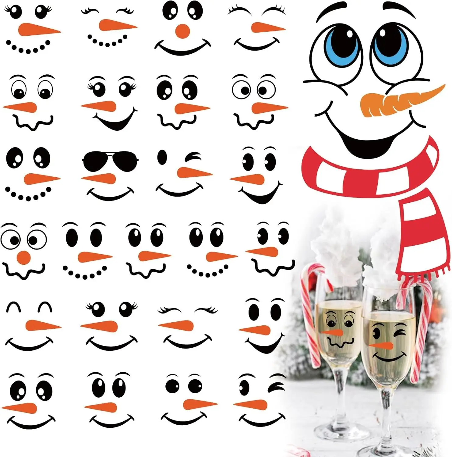 26 PCS Snowman Face Stickers Christmas Vinyl Decals for Crafts Ornaments Glass Water Bottles Cups Window Wall Christmas Decorations