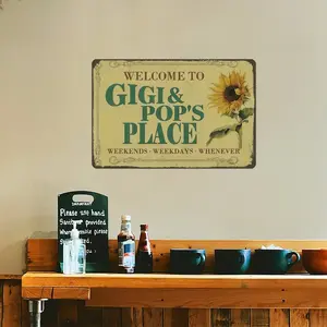 Welcome To Gigi & Pop's Place Vintage Sunflower Metal Sign, Farmhouse Style Aluminum Wall Art, 12×8in Home Patio Front Porch Decor Gift for Grandparents