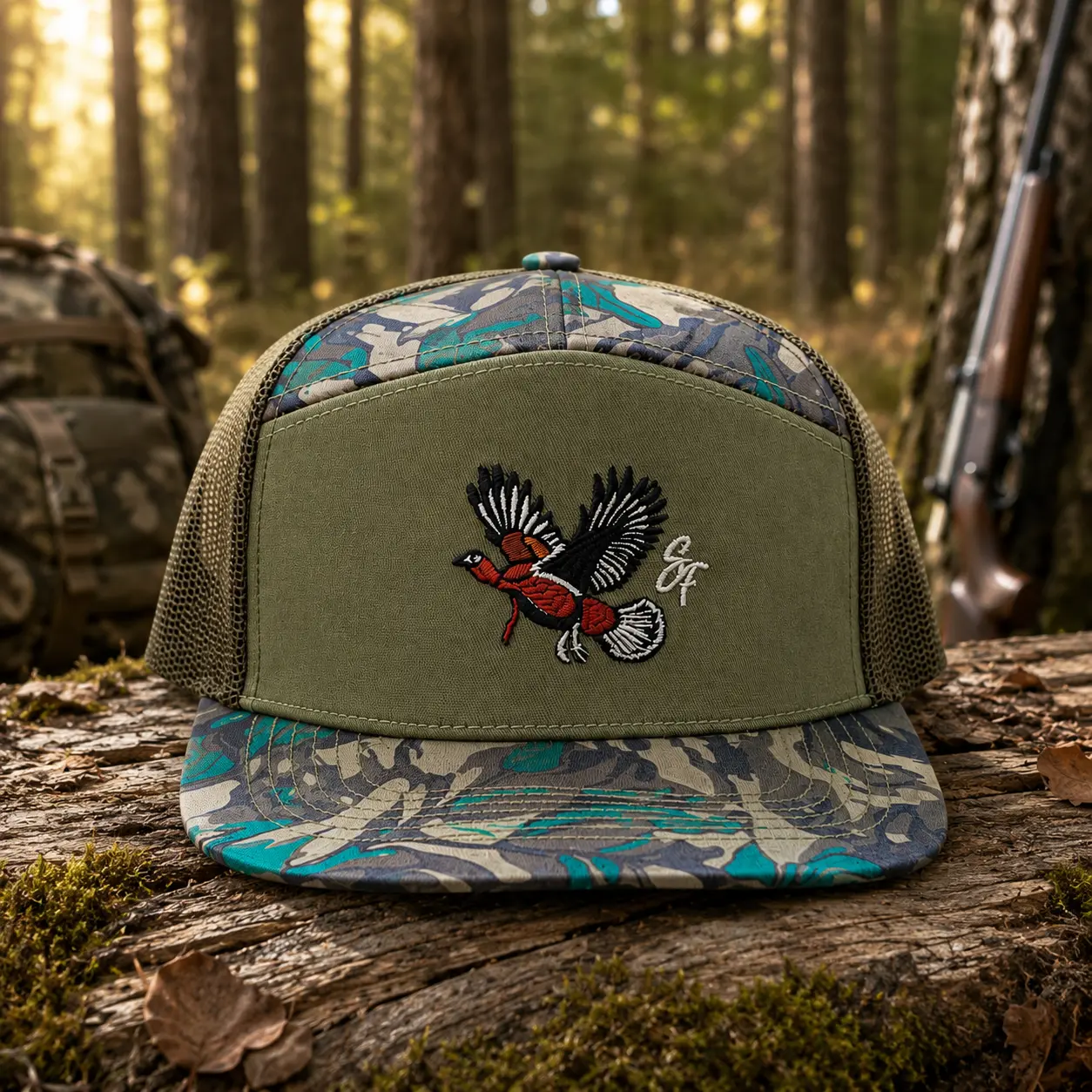 Turkey Hunting Embroidered Snapback, Leave Camo 7 Panel Hat Gift For Hunter, Cotton Mesh Back Outdoor Hunting Cap