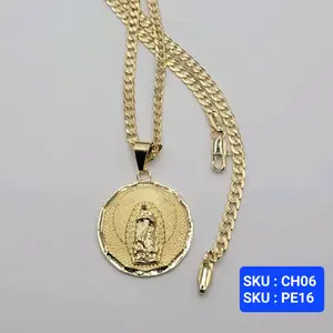 Virgin Mary pendant chain Cuban link style 18 Inches 4 Millimeters smal adults and teens Laminated Gold Jewelry