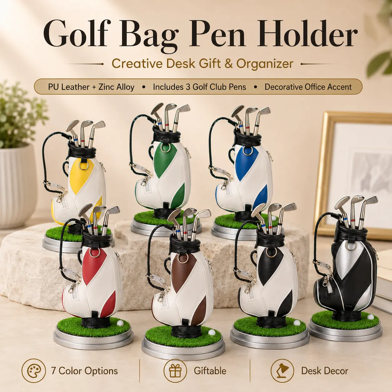 Golf-themed pen holder—a creative business gift and practical desk accessory.