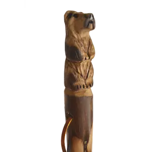 Hand Carved Walking Stick, Bear Carving on Dark Walking Stick