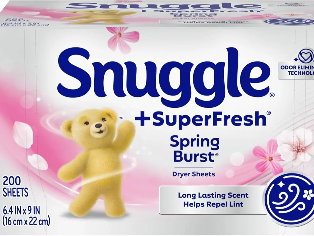Snuggle Plus SuperFresh Scented Dryer Sheets, Spring Burst, 200 Count - Anti-Static, Odor-Eliminating Technology, Long-Lasting Scent, Lint-Repelling, Hypoallergenic Fragrance-Free Laundry Accessory