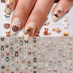 2 Sheets Cartoon Teddy Bear Nail Art Stickers, Cute Bear Design, Easy Application, DIY Gift, Makeup & Wedding Accessories