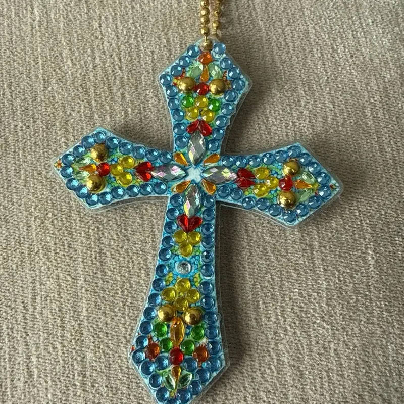 Double Sided Cross Keychain with Colorful Beads and Crystal Centerpiece for Religious Jewelry