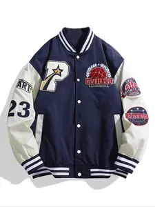 Men's Colorblock Patched Drop Shoulder Varsity Jacket, Regular Fit Casual Contrast Binding Button Front Pocket Outerwear for Spring & Fall, Fashion Men's Clothes for Daily Wear