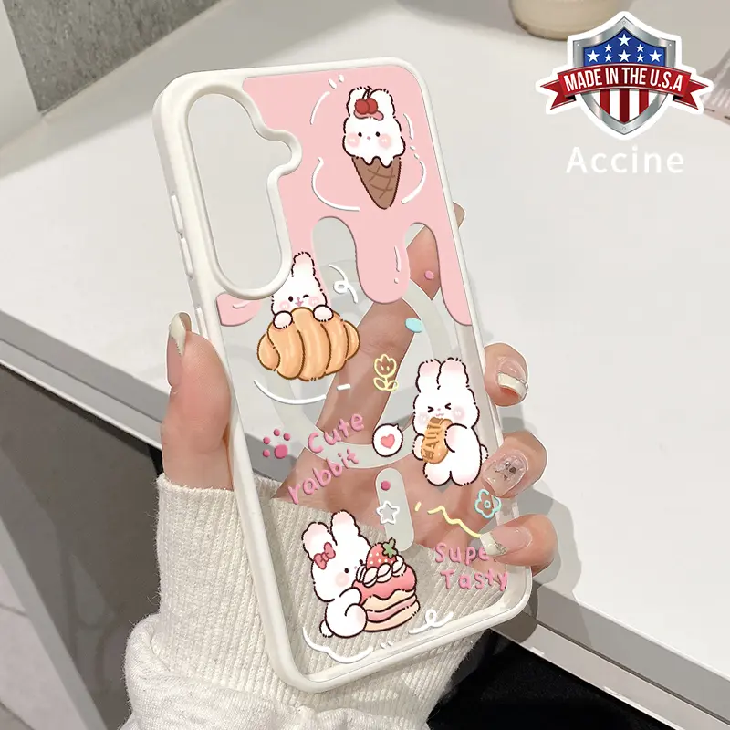 MagSafe Phone Case Compatible with Samsung Galaxy S23 Ultra S24 Plus S25 S22+ FE Dessert Bunny Clear Acrylic Hard Back Soft TPU Edge Non-Yellowing Protective Cover for Girl
