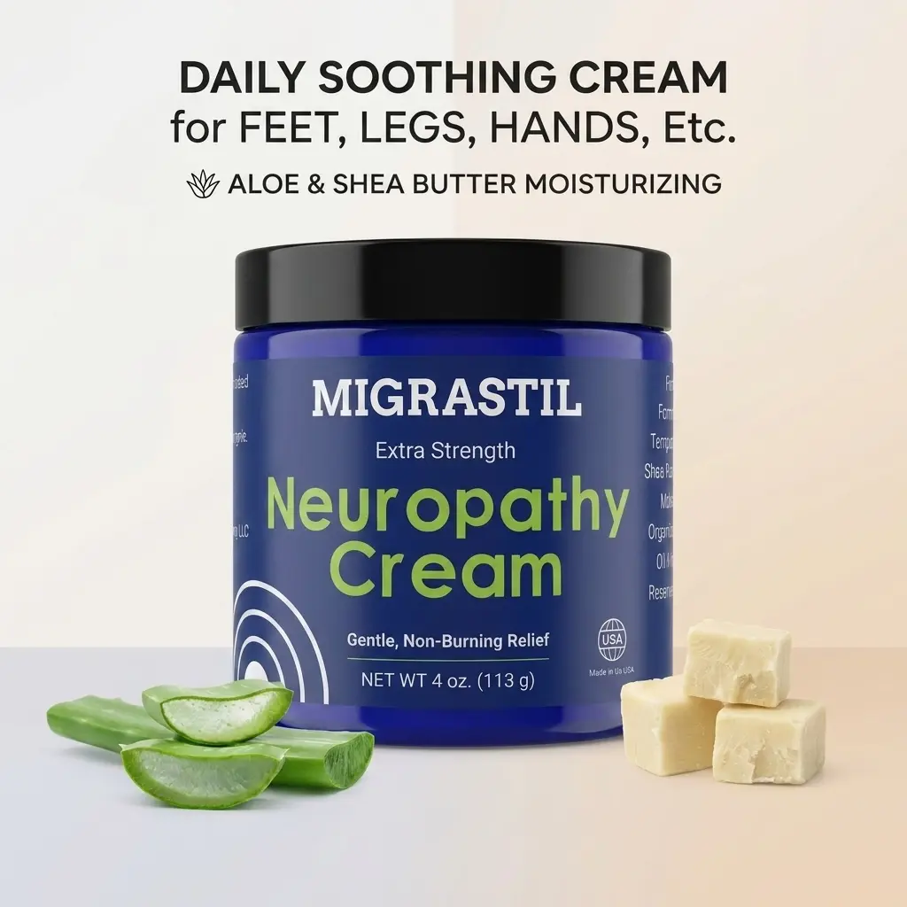 Migrastil Neuropathy Soothing Cream - Aloe & Shea Butter Infused, Gentle Clove Formula Daily Body Moisturizer for Ft, Legs & Hands