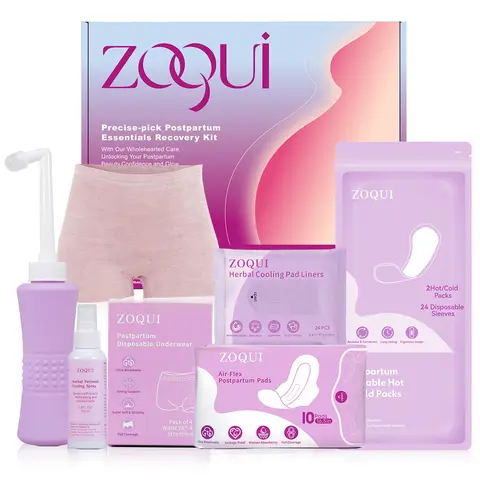 ZOQUI Women's Full Postpartum Kit - Intimate Care Package with Plastic & Silicone Perineal Essentials, Peri Bottle, Disposable Underwear, Ice Maxi Pads, Panty Liners, Perineal Foam to Absorb Postpartum Bleeding