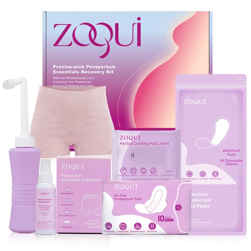 ZOQUI Women's Full Postpartum Kit - Intimate Care Package with Plastic & Silicone Perineal Essentials, Peri Bottle, Disposable Underwear, Ice Maxi Pads, Panty Liners, Perineal Foam to Absorb Postpartum Bleeding