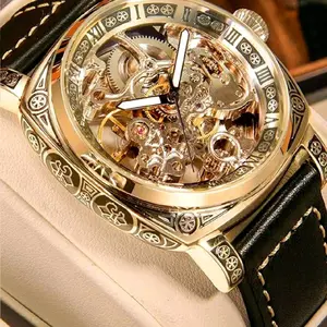 Luxury Business Round Dial Leather Strap Analog Mechanical Watch