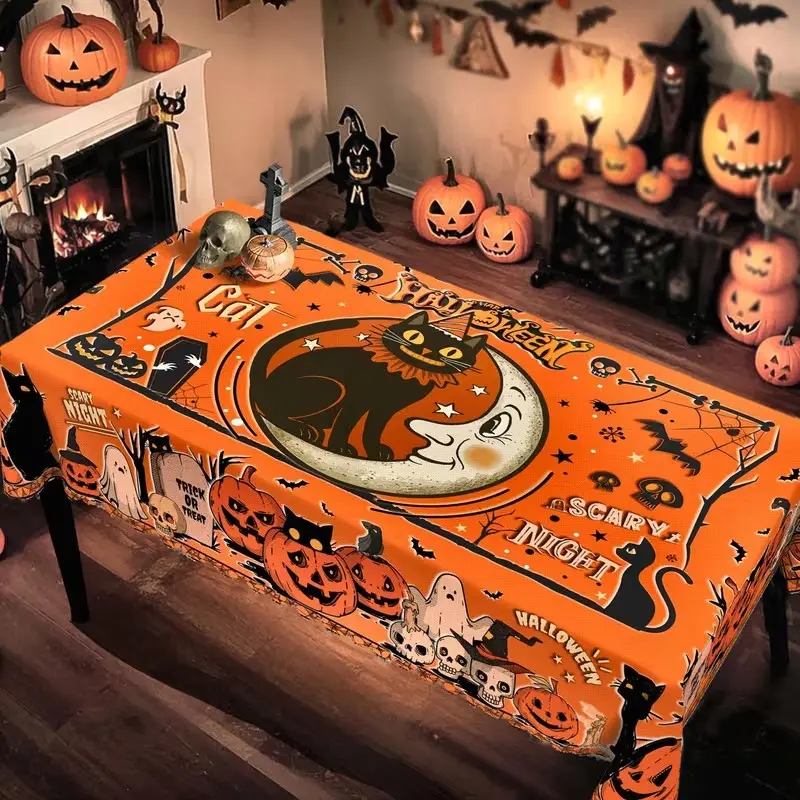 Halloween Tablecloth 1pc, Cat Moon Pumpkin Ghost Skull Crow Spooky Design, Perfect Halloween Decor, Indoor Outdoor Party Supply Home Decoration