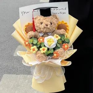 Large Graduation Bear Flowers Bouquet Set 2026 Grad Cap Plush Bear Hand Knitted Rose Tulip Daisy Sunflower Bouquet with Greeting Card Gift Bag, Graduation Bear CLASS of 2026 Gifts