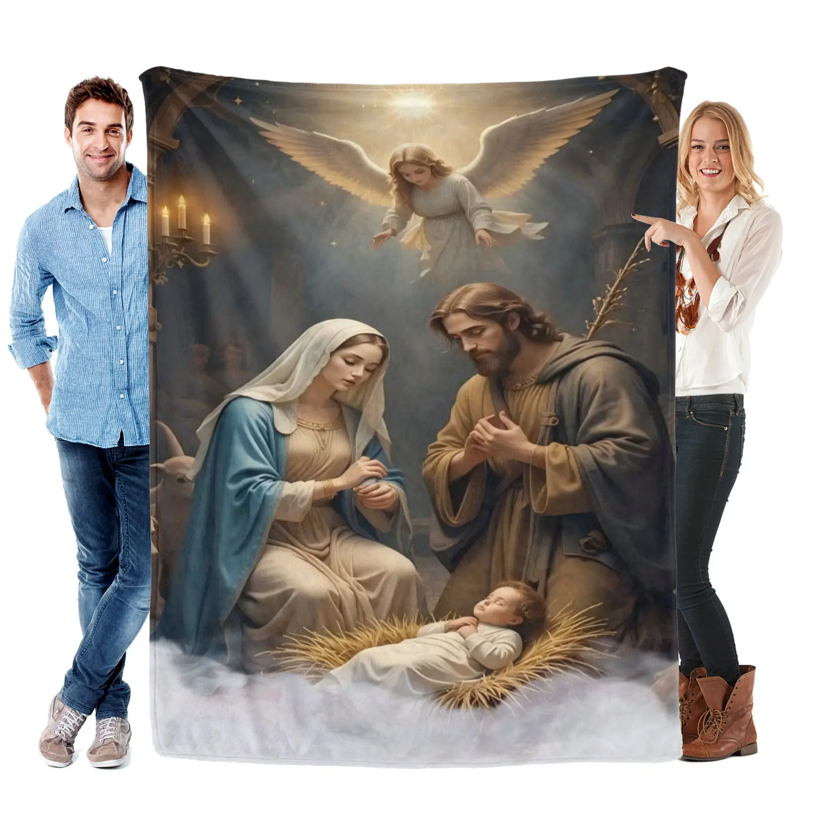Nativity Scene Flannel Blanket - Soft & Cozy Decorative Religious Print Christmas Pattern Throw, Ideal Blanket Gift for Believers, Holiday Space Spiritual Festive Charm, Blanket Gifts, Decorative Blanket