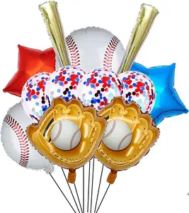 12PCS Baseball Foil Balloons Set Baseball Glove Baseball Bats Mylar Balloons with Confetti Latex Balloon for Baseball Theme Birthday Baby Shower Decoration
