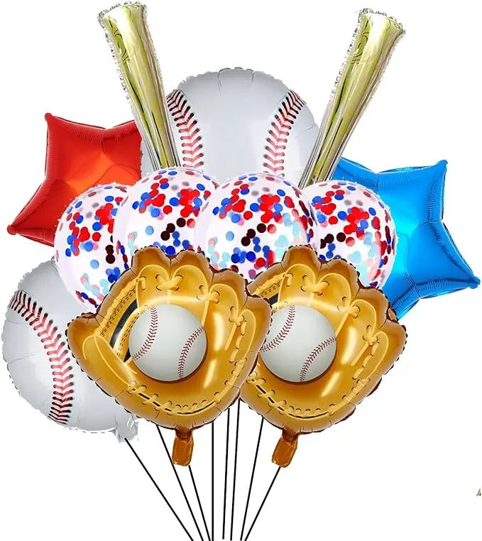 12PCS Baseball Foil Balloons Set Baseball Glove Baseball Bats Mylar Balloons with Confetti Latex Balloon for Baseball Theme Birthday Baby Shower Decoration